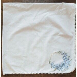 VTG White Square Tablecloth Blue Embroidered Flowers & Crocheted Trim 41"